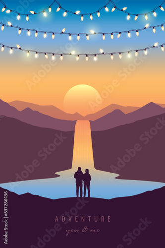 couple man and woman by waterfall river tropical landscape at beautiful sunset vector illustration EPS10