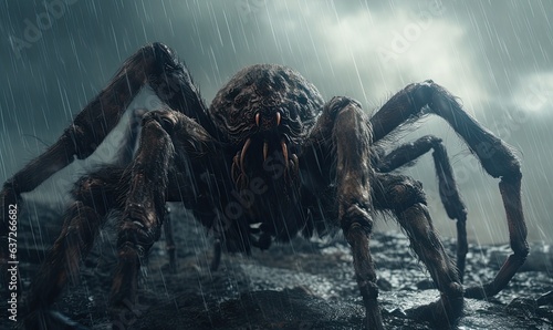 Photo of a terrifying giant spider with glowing eyes in the rain