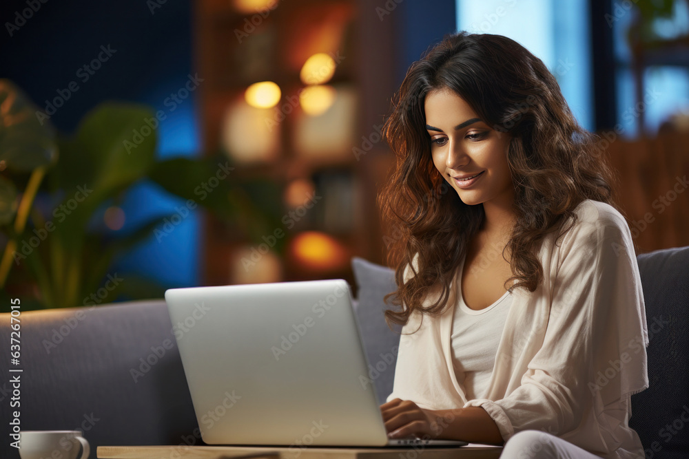 Fototapeta premium Pretty young Indian woman working on computer, sitting on couch in home