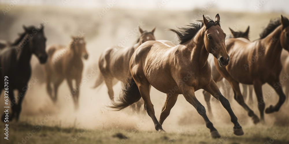 Herd of horses gallop through a dry dusty terrain