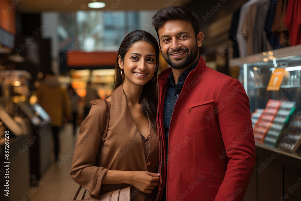 Indian young couple shopping in branded readymade cloth store - obrazy, fototapety, plakaty 