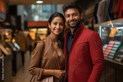 Indian young couple shopping in branded readymade cloth store