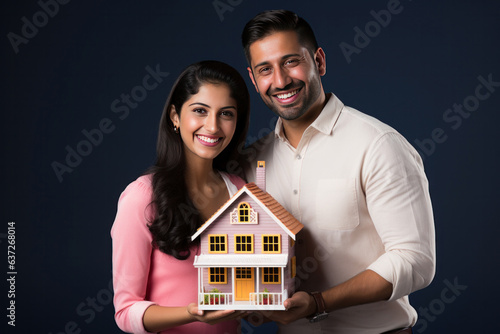 Indian young couple and real estate - holding 3d house model while standing together