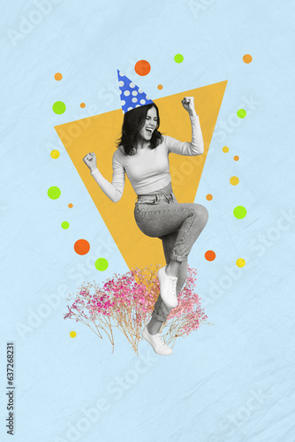 Vertical collage postcard sketch of cheerful positive girl have fun rejoice cool birthday party isolated on painted blue color background
