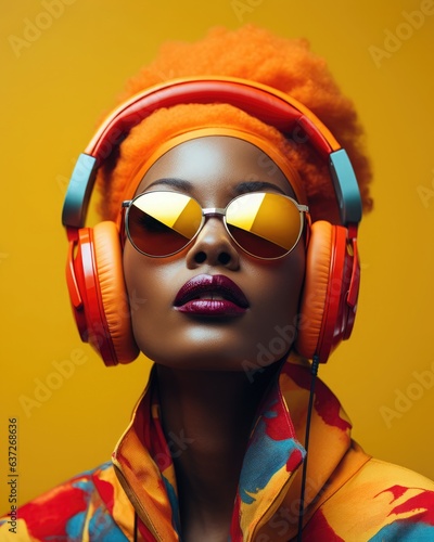 A stunning young African girl in headphones listens to music.
