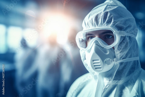 Portrait of a medical worker or doctor wearing a protective suit or suit to protect against viruses and pandemic. generative ai 