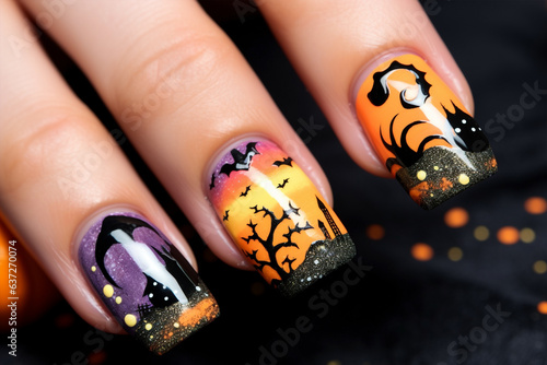 Close up of woman's fingernails with Halloween nail art