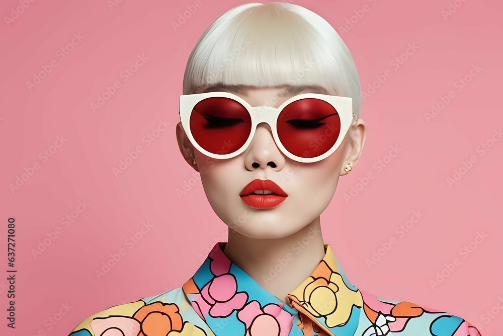 Pop art fashion model woman with sunglasses and pink background ai generative image - obrazy, fototapety, plakaty 