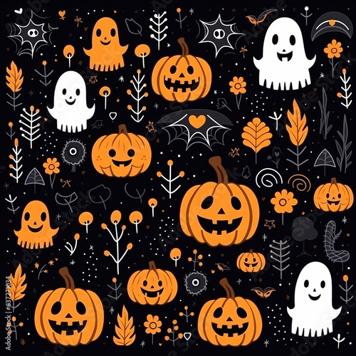 Halloween pattern with pumpkin, ghosts, spiders, etc in cartoon style 