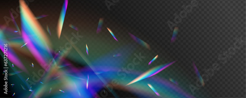Holographic falling confetti glitters isolated on transparent background. Transparent light refraction pattern for adding effects to backgrounds and objects. Vector illustration.