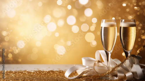 Beautiful New Year's background with champagne glasses and ribbons with a place for inscriptions or logos. generative ai
