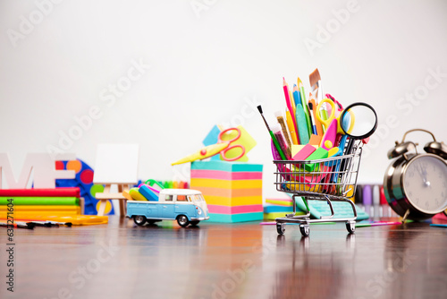 School supplies. Set of colorful school accessories isolated on the white background.