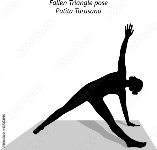 Silhouette of young woman practicing yoga, doing Fallen Triangle pose or Fallen Star pose. Patita Tarasana. Arm Leg Support and Backbend. Intermediate. Isolated vector illustration. photo