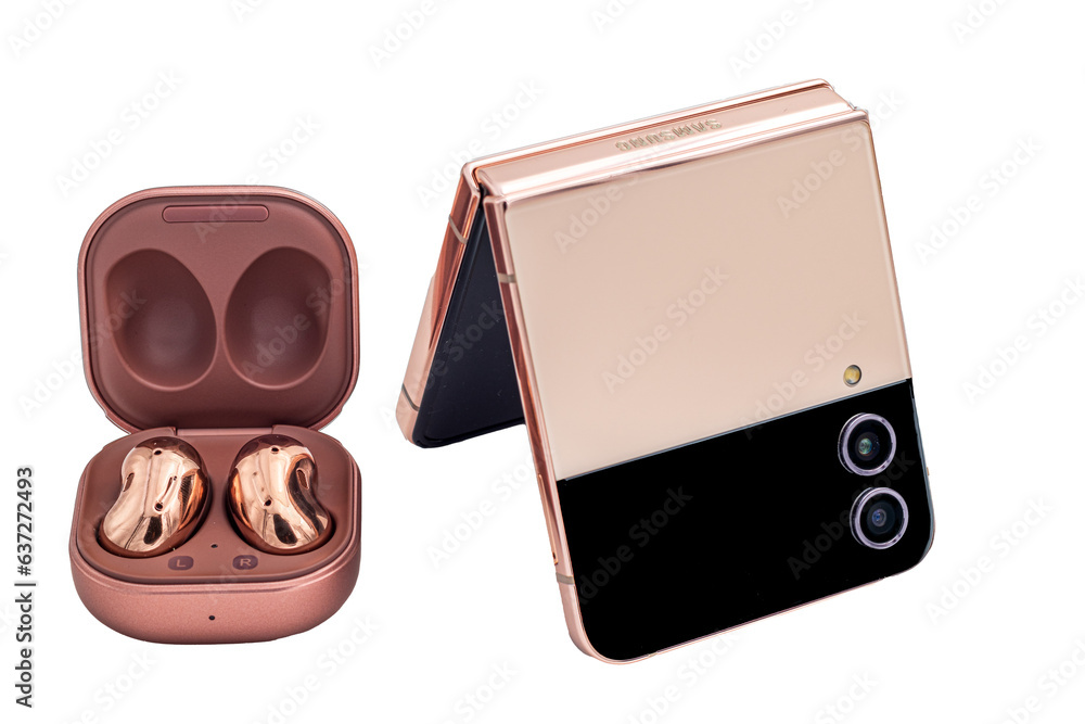 Samsung Galaxy Z Flip and Buds headphones Stock Photo Adobe Stock