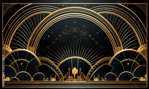 Abstract geometric shapes, arches, and swirls forming an elegant Art Deco pattern, Gold color scheme with intricate details, Evoking a vintage 1920s Gatsby vibe