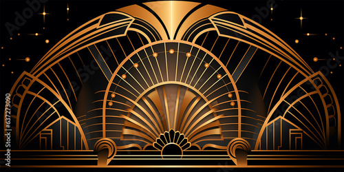 Abstract geometric shapes, arches, and swirls forming an elegant Art Deco pattern, Gold color scheme with intricate details, Evoking a vintage 1920s Gatsby vibe