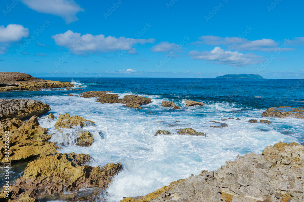 Rocky coastline of the Pointe des Chateaux beach, Guadeloupe island