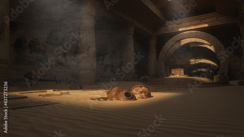 Fotografia Inside an ancient Egyptian tomb or temple ruin with sun rays coming through the roof