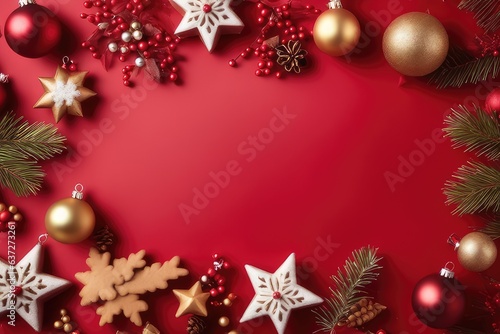 christmas background with balls and fir branches on red