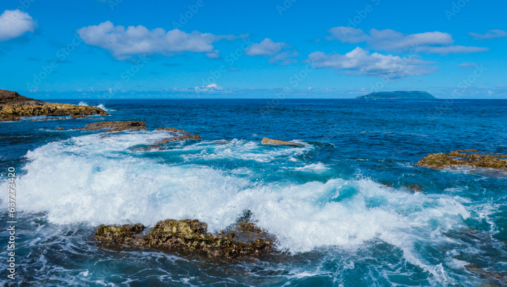 Rocky coastline of the Pointe des Chateaux beach, Guadeloupe island