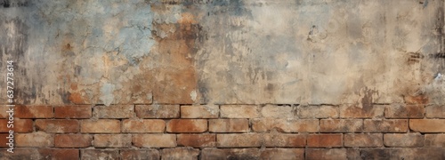 Aged wall background with lichen-splattered, rain-beaten bricks
