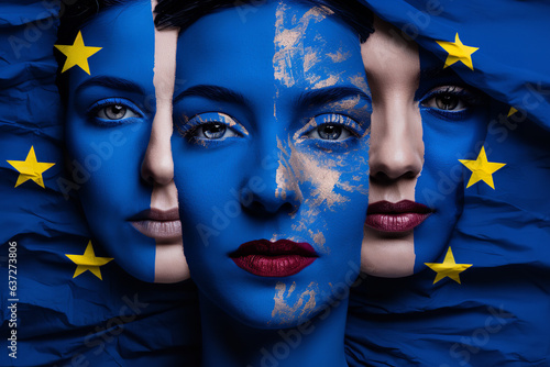 The European Union flag seamlessly blends into a mosaic of diverse faces, emphasizing the unity and diversity of European voters photo
