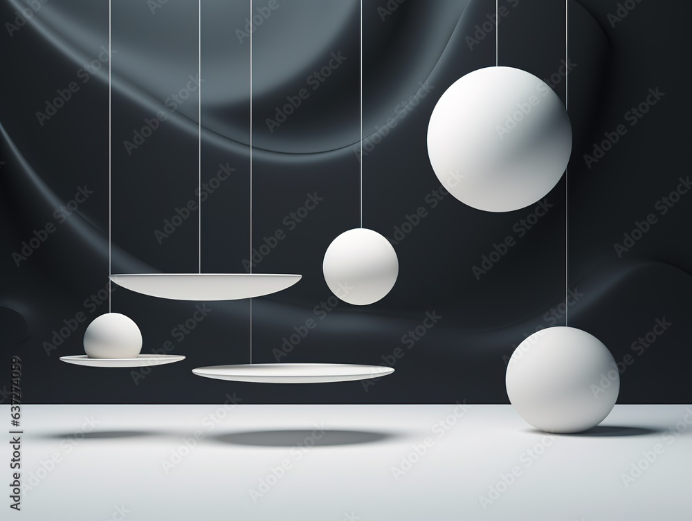 Floating spheres 3d rendering empty space for product show. Generative AI Floating spheres 3d rendering empty space for product show. Generative AI