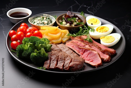 Assortment of various healthy keto paleo meals on white plate. Black stone background. Top view