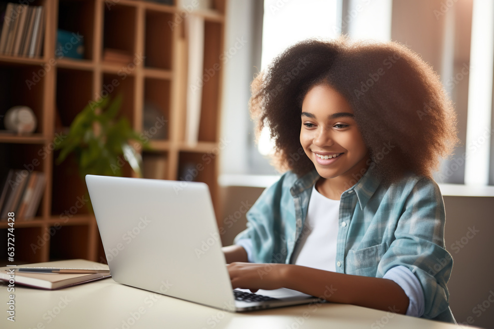 Happy African American teen student elearning at home on pc, writing notes. Smiling teenage girl using laptop watching webinar, hybrid learning english online virtual class, sitting at home table Happy African American teen student elearning at home on pc, writing notes. Smiling teenage girl using laptop watching webinar, hybrid learning english online virtual class, sitting at home table
