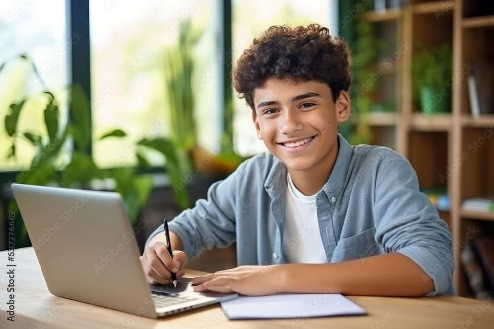 Happy Latin teen student elearning at home on pc, writing notes. Smiling teenage boy using laptop watching webinar, hybrid learning english online virtual class, sitting at home table Happy Latin teen student elearning at home on pc, writing notes. Smiling teenage boy using laptop watching webinar, hybrid learning english online virtual class, sitting at home table