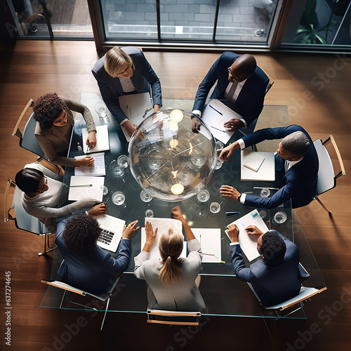 Senior female ceo and multicultural business people discussing company presentation at boardroom table. Diverse corporate team working together in modern meeting room office. Top view through glass