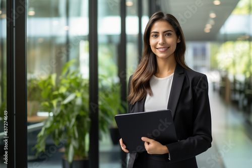 Smiling latin young professional business woman corporate marketing manager, female worker holding digital tablet computer fintech tab at work standing in modern company office looking at camera. photo