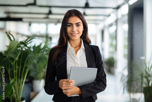 Smiling latin young professional business woman corporate marketing manager, female worker holding digital tablet computer fintech tab at work standing in modern company office looking at camera.