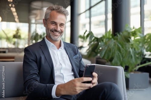 Smiling mid aged business man sitting on chair in modern office space using cell phone services and solutions. Mature businessman professional holding mobile working on smartphone technology