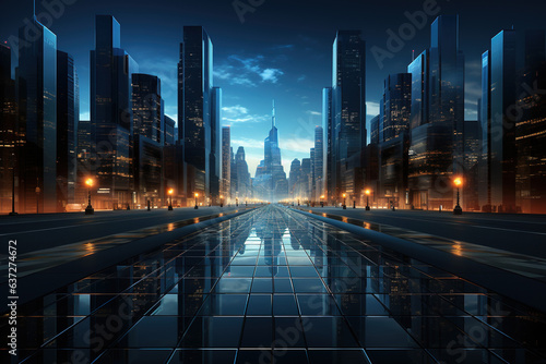 the skyline of a modern, office tower with a blue sky, in the style of cryptidcore, abstracted cityscapes photo