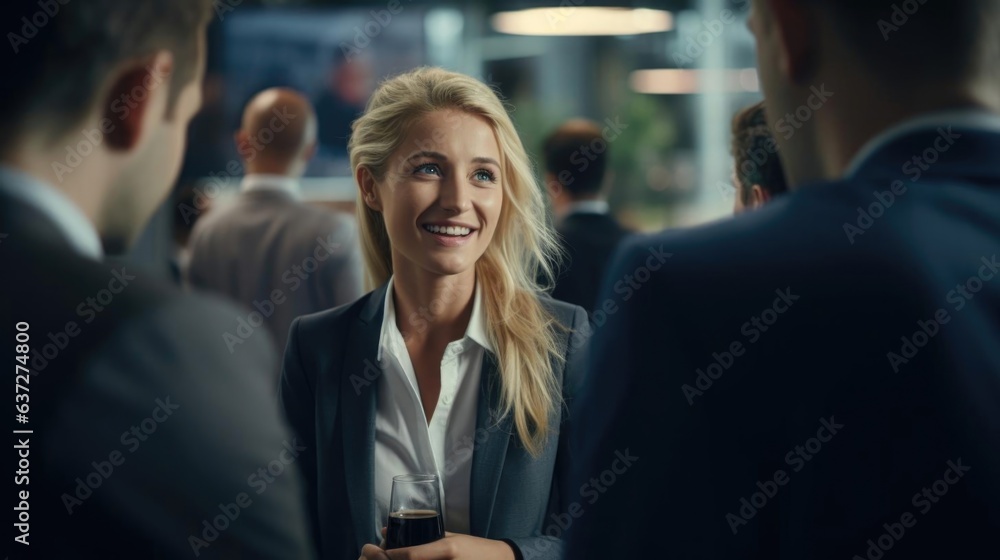 Smiling blonde female economist talking to her colleagues Smiling blonde female economist talking to her colleagues