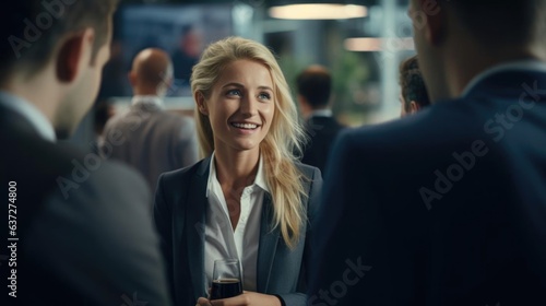 Smiling blonde female economist talking to her colleagues