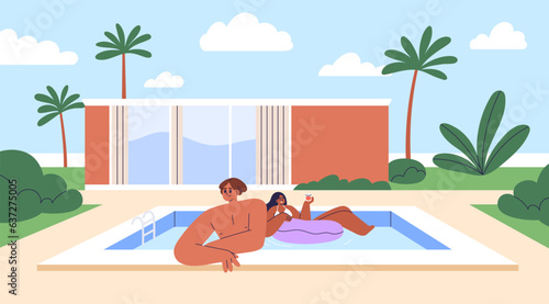 Love couple in pool. Happy man and woman swimming in water at resort with personal private villa. Young romantic people, tourists relaxing on summer vacation, holiday. Flat vector illustration