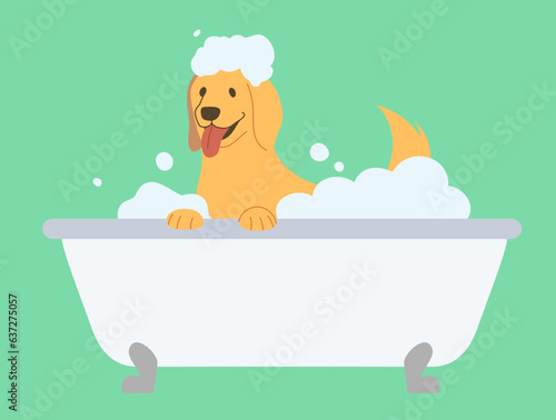 dog taking bath bathing flat design simple vector illustration golden retriever bubble