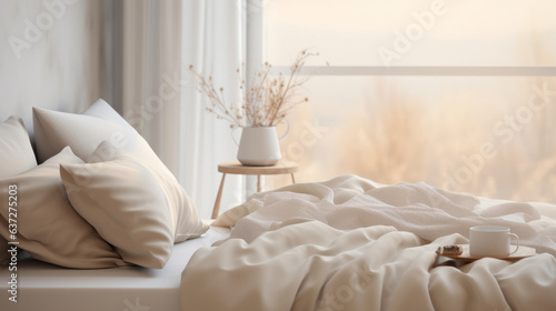 A beautiful room in beige colors with bedding, a vase and a large window. generative ai
 photo