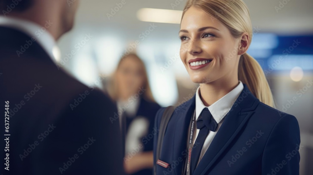 Smiling blonde female flight attendant talking to her colleagues Smiling blonde female flight attendant talking to her colleagues