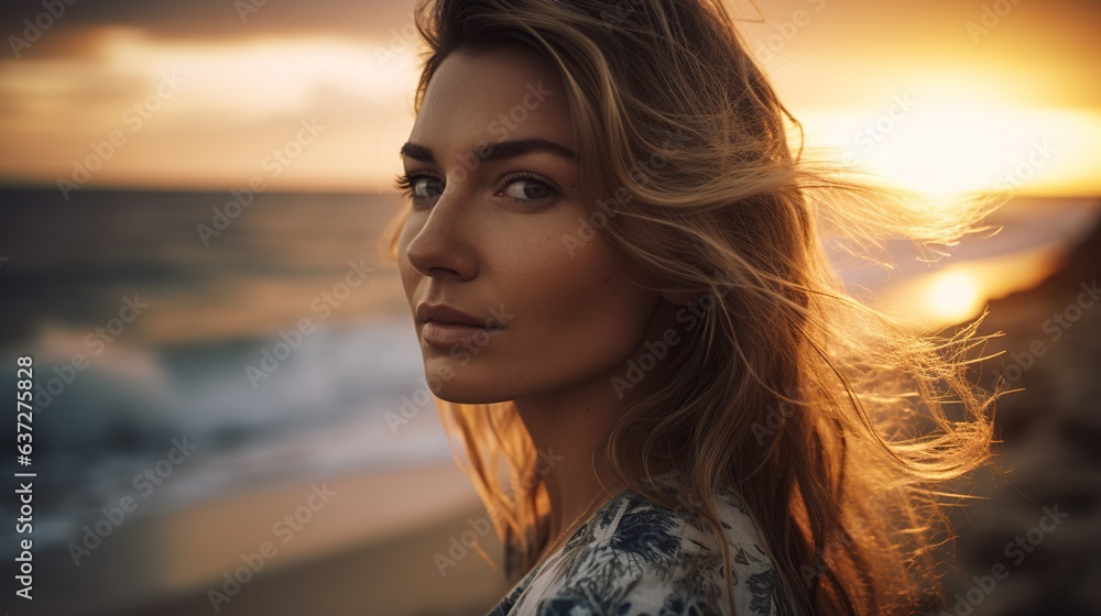 close up portrait of a beautiful woman on the beach at sunset
