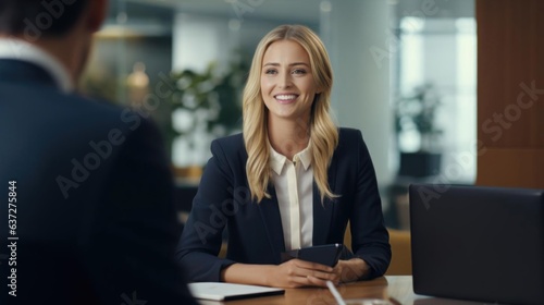 Smiling blonde female lawyer talking to her colleagues