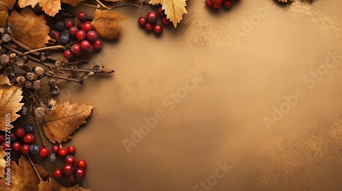 background for poster, banner with autumn leaves, brown berries