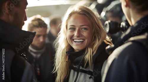 Smiling blonde female marine biologist talking to her colleagues