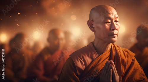 Thai Buddhist monk close up with folded palms praying. A young Buddhist monk. generative ai
