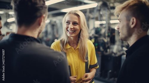 Smiling blonde female mechanical engineer talking to her colleagues
