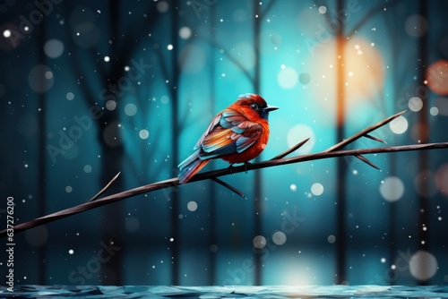 A little bird on tree branch with snow and bokeh background.
