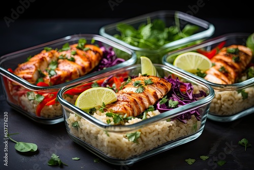 Healthy meal prep containers with quinoa, chicken and cole slaw