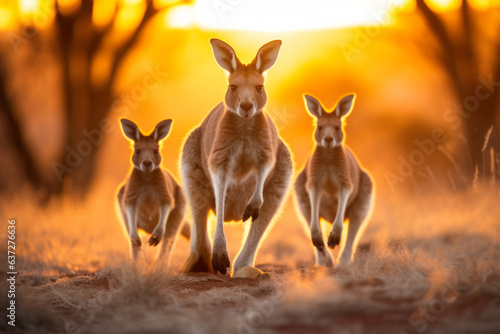 Beautiful kangaroo family running during golden hour © Fabio